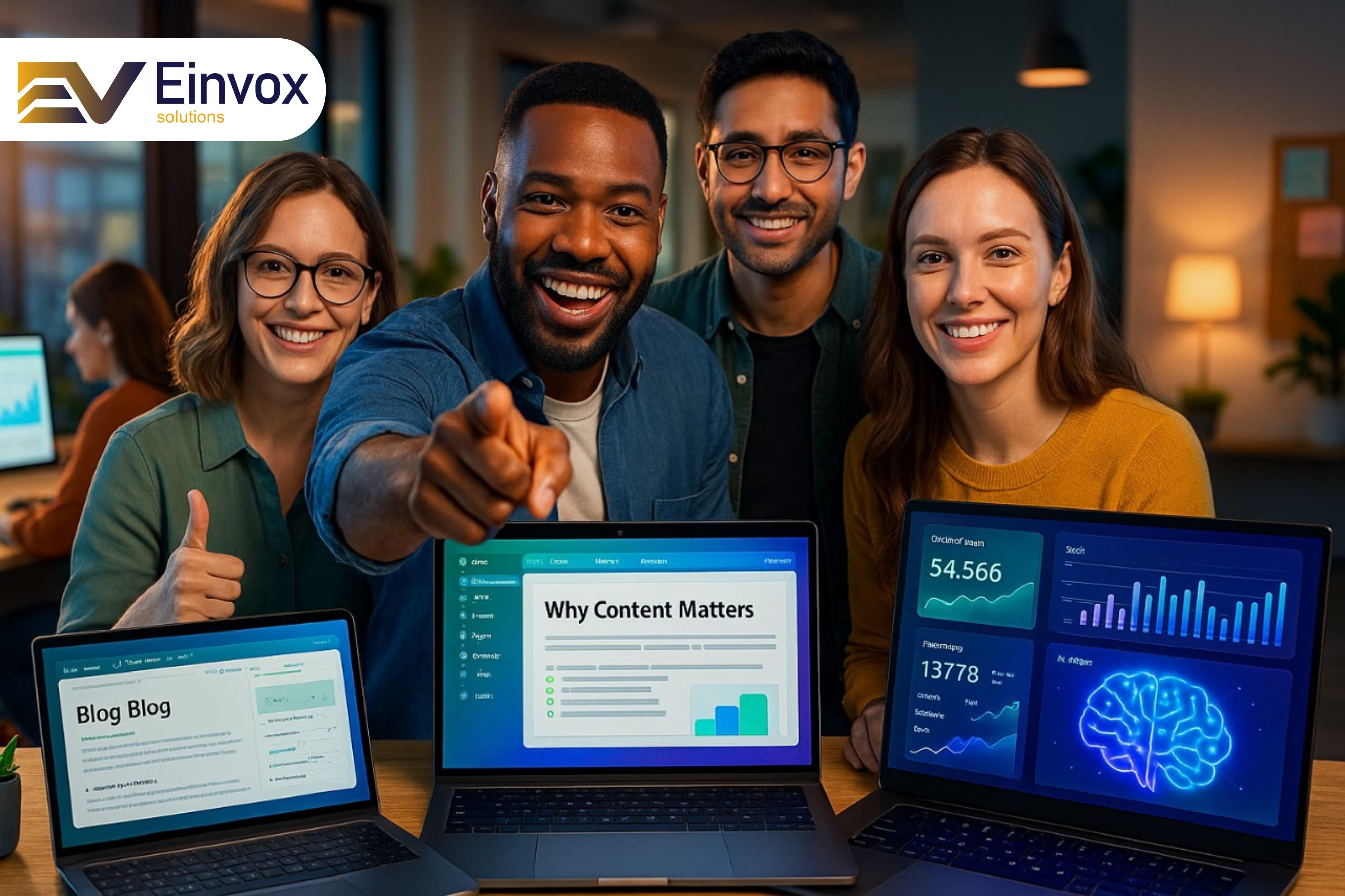 A cheerful team of digital marketers and content creators proudly presenting laptops displaying a blog titled ‘Why Content Matters,’ web traffic analytics, and data-driven insights. The diverse group showcases enthusiasm for content marketing, SEO strategy, and performance analytics in a creative office setting. Visuals include graphs, charts, a blog post interface, and a neural network graphic, highlighting the importance of quality content, data analysis, and digital marketing success.